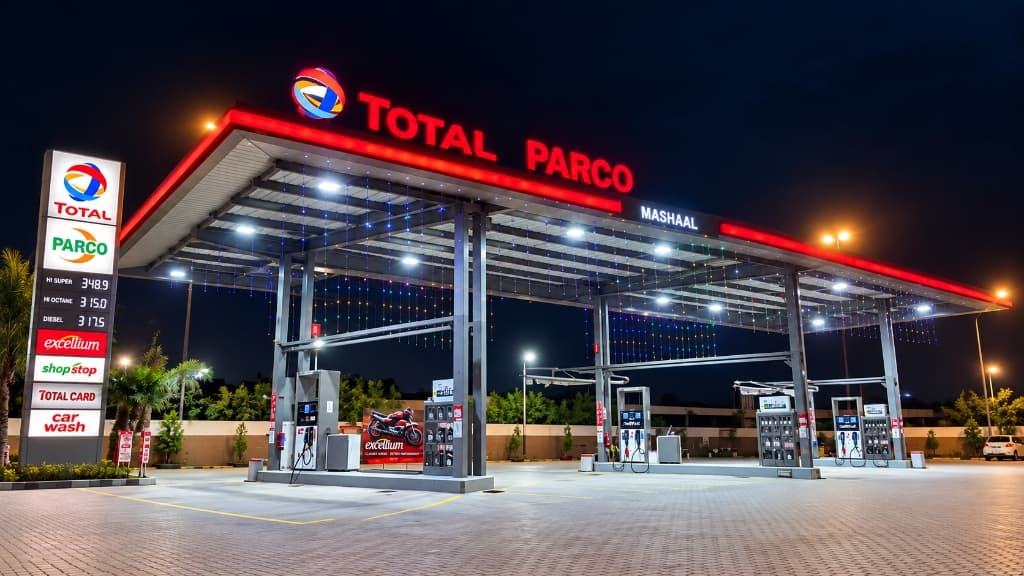 Mashaal Total PARCO station at night with illuminated red canopy in Rahim Yar Khan