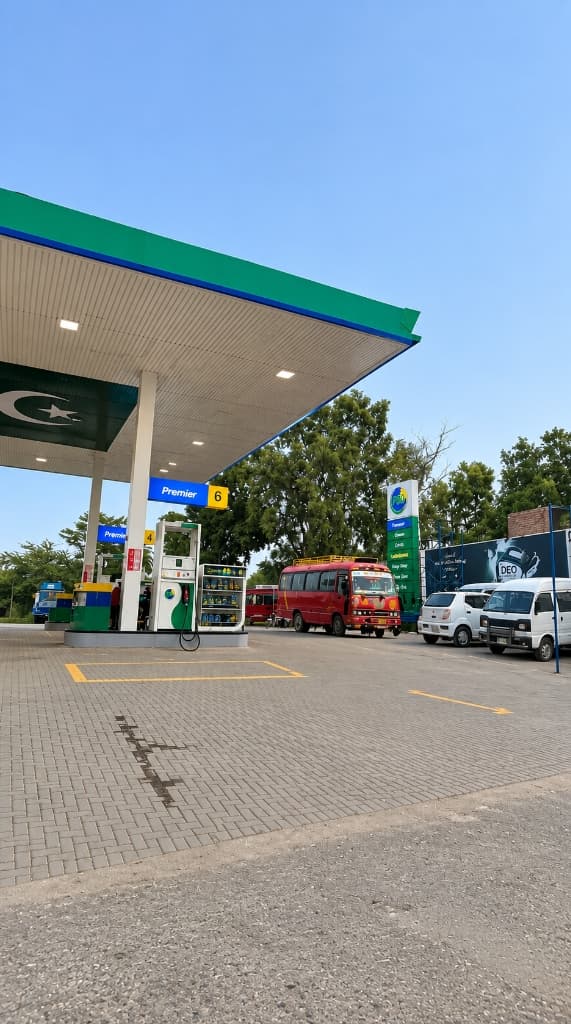 Daytime perspective of Mashaal PSO forecourt showing fuel dispenser islands, totem sign, and vehicle parking