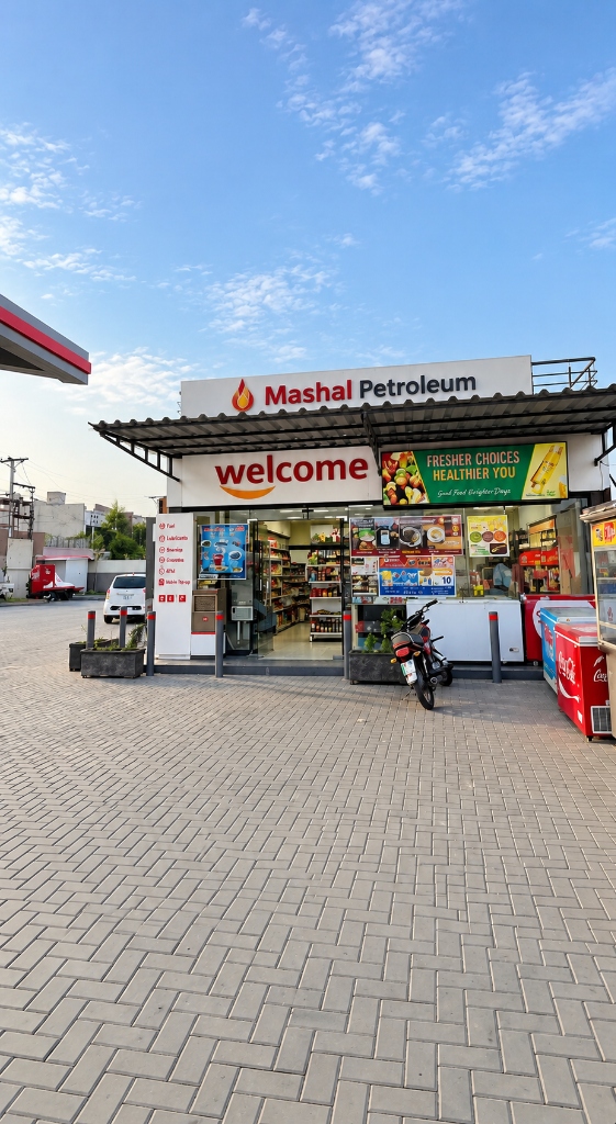 Mashaal Petroleum Welcome 24/7 convenience store with beverage coolers and travel essentials in Rahim Yar Khan