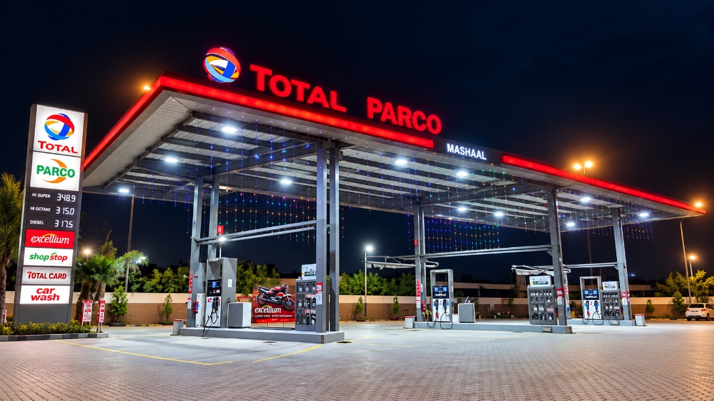 Mashaal Total PARCO station illuminated at night with red canopy, Excellium totem, and Mashaal brand name on Khanpur Road, Rahim Yar Khan