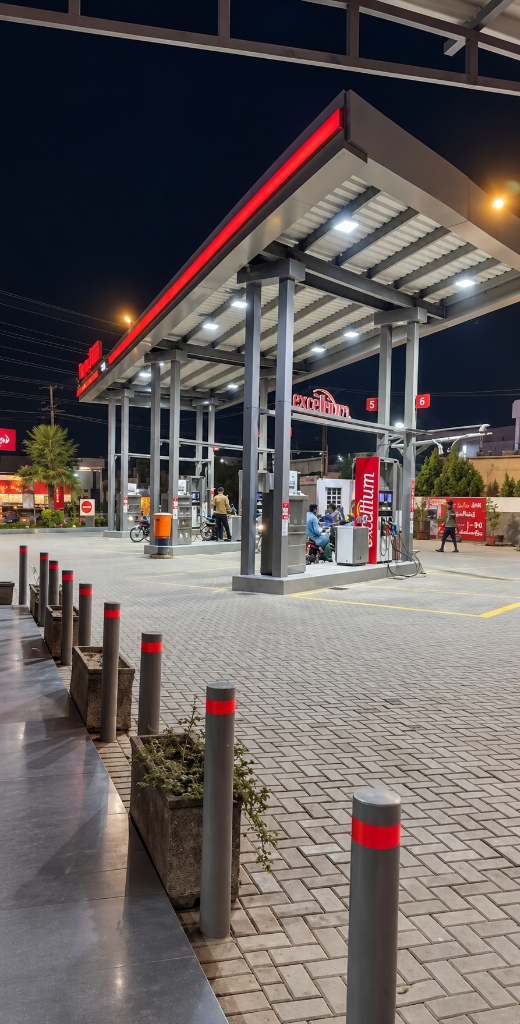 Illuminated evening forecourt with red canopy trim and active fueling lanes in Rahim Yar Khan